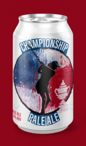A can of Championship Pale Ale featuring a silhouette of a golfer swinging, set against a red, white, and blue circular background with a trophy outline. Text reads Championship Pale Ale and 5% ABV on the label.