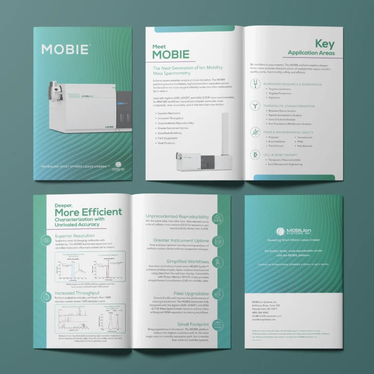 A scientific brochure for MOBIE, an ion mobility mass spectrometer, featuring device images, graphs, and sections about features, benefits, and key application areas on a teal and white wavy background.