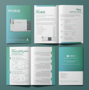 A scientific brochure for MOBIE, an ion mobility mass spectrometer, featuring device images, graphs, and sections about features, benefits, and key application areas on a teal and white wavy background.