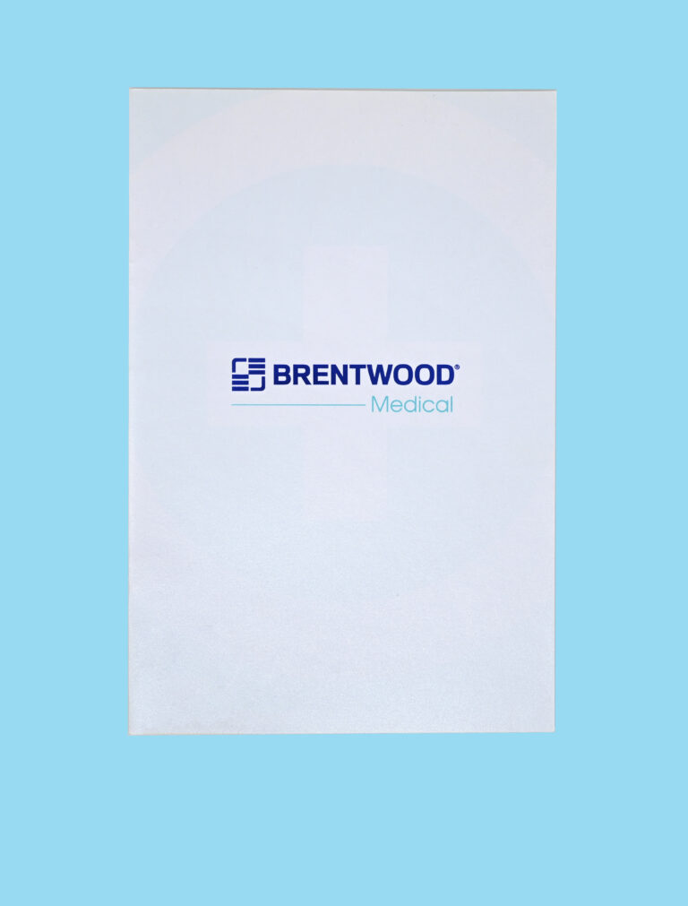 A white sheet with the Brentwood Medical logo in blue and teal, perfect for marketing or advertising, centered on a light blue background.