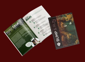 An open magazine featuring golf articles and a small dog photo sits beside a closed BUMP & RUN magazine, showcasing an aerial golf course cover—an eye-catching setup against a dark red background, perfect for marketing or advertising campaigns.