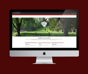 An iMac displays a golf club website with marketing flair—a golfer on a green course, the club’s crest atop, and navigation links for The Course, Dining, and Membership—all arranged on an advertising-ready maroon background.