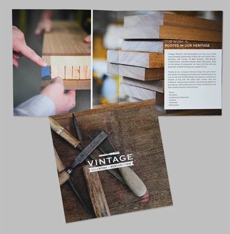 Three brochure pages shown: one with woodworking tools on a rustic surface and “Vintage Millwork + Restoration,” another with close-up hands sanding wood, and a third highlighting heritage—perfect for marketing or advertising craftsmanship.