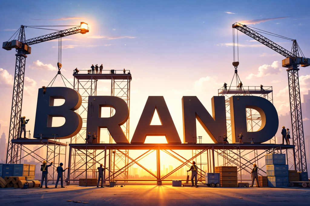 Large letters spelling BRAND are being constructed by workers using cranes and scaffolding at sunrise, symbolizing the building and development of a brand.
