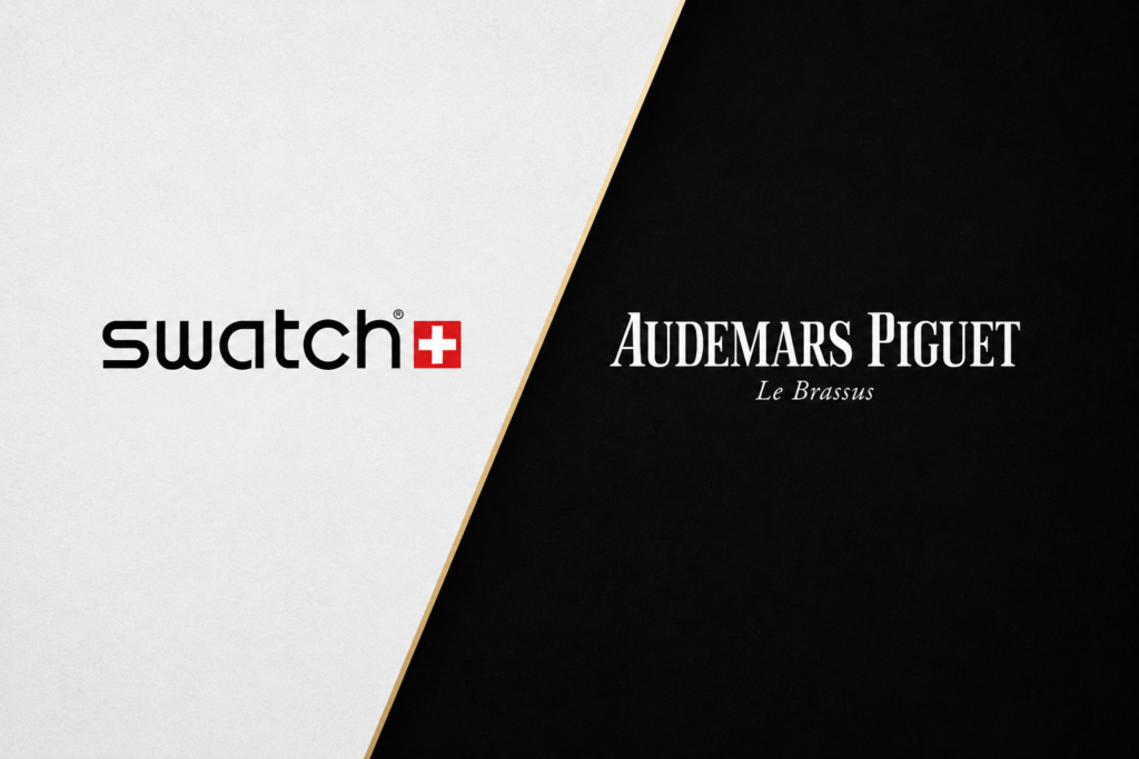 A split background with the Swatch logo and Swiss flag on the left in black text on white, and the Audemars Piguet logo with Le Brassus in white text on black on the right.